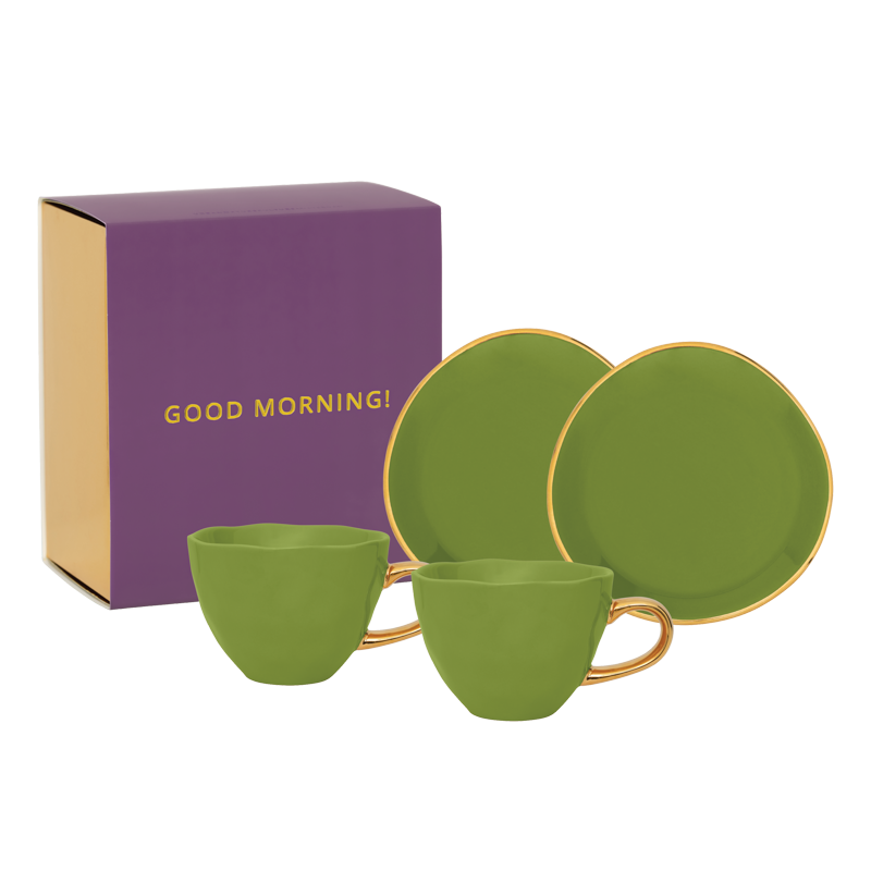 Urban Nature Culture Good Morning Kop Cappuccino/Thee en Bord Evergreen Sprig - Set van 4 - In Geschenkverpakking