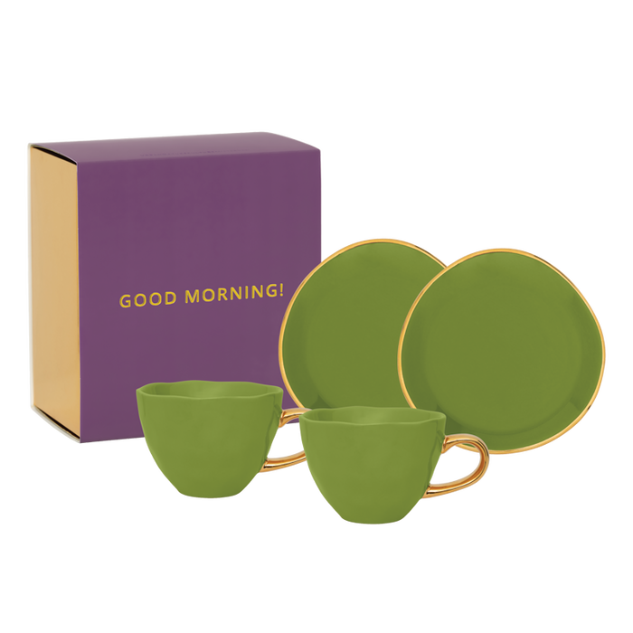 Urban Nature Culture Good Morning Kop Cappuccino/Thee en Bord Evergreen Sprig - Set van 4 - In Geschenkverpakking