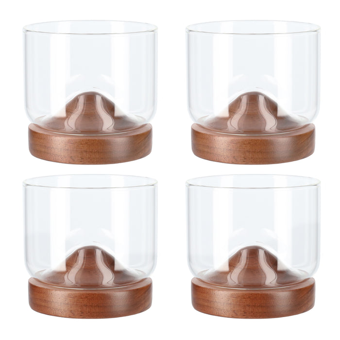 Aretica Whiskey glas met houten onderzetter - Bruin - set van 4