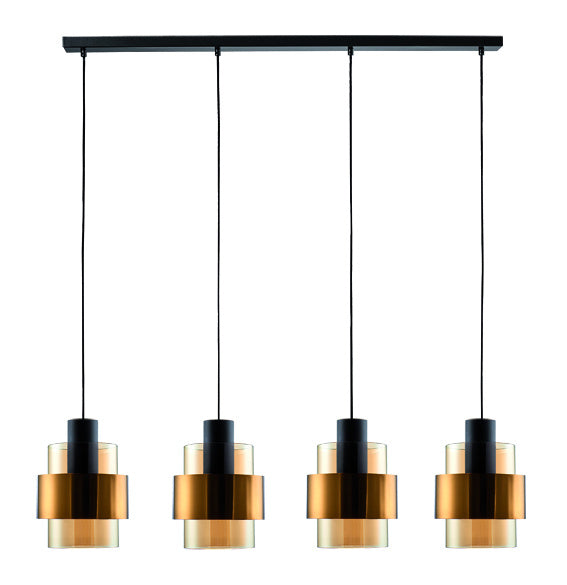 Freelight Hanglamp  Chiasso Zwart goud & Amber Glas 4 Lichts  L 120 cm