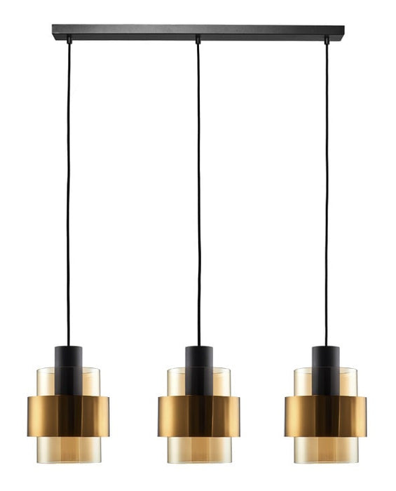 Freelight Hanglamp  Chiasso Zwart Goud & Amber Glas 3 Lichts L 1 mtr