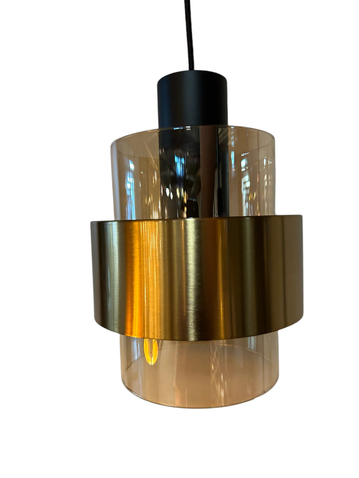 Freelight Hanglamp  Chiasso Zwart Goud & Amber Glas 3 Lichts L 1 mtr