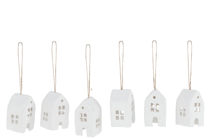 J-Line kersthanger Huis - katoen maché - wit - doos van 6 st