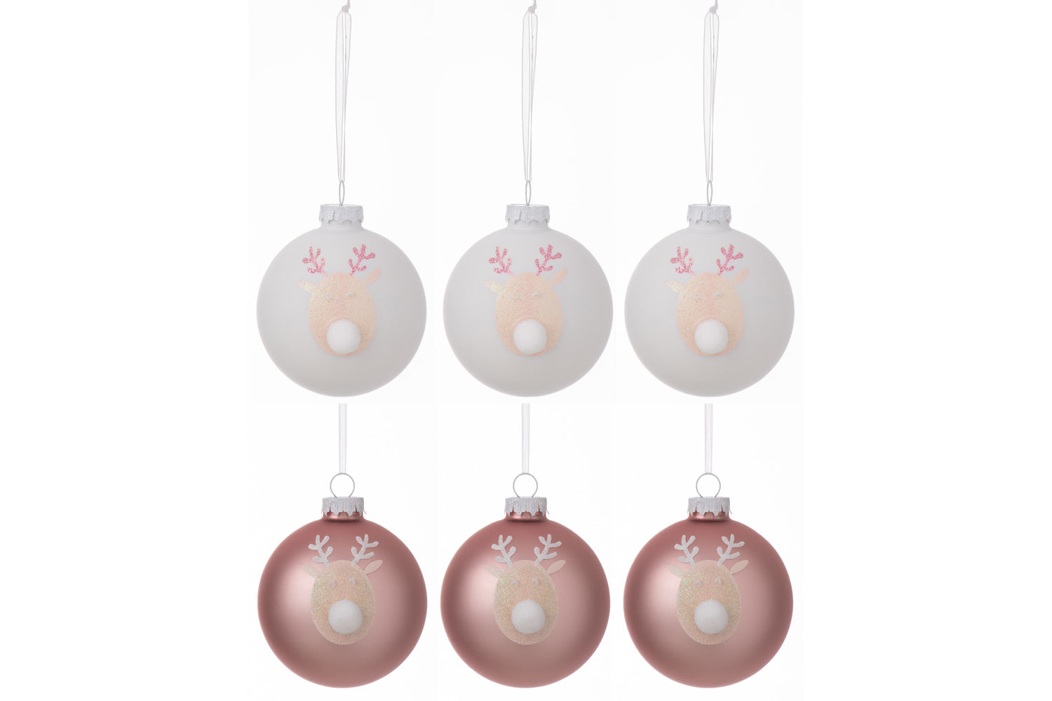 J-Line kerstbal Rendier - glas - lichtroze|wit - small - doos van 6