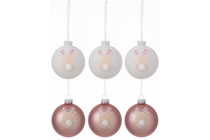 J-Line kerstbal Rendier - glas - lichtroze|wit - small - doos van 6