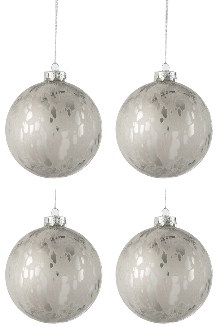 J-Line kerstbal - glas blinkend|mat - antiek zilver - large - doos van 4