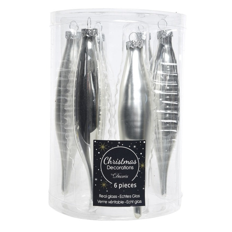 Decoris kerstbal pegels - 6x - zilver - D15 cm - glas