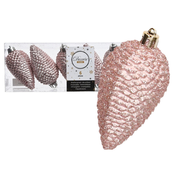 Decoris Kersthangers dennenappels - 6x - lichtroze - 8 cm