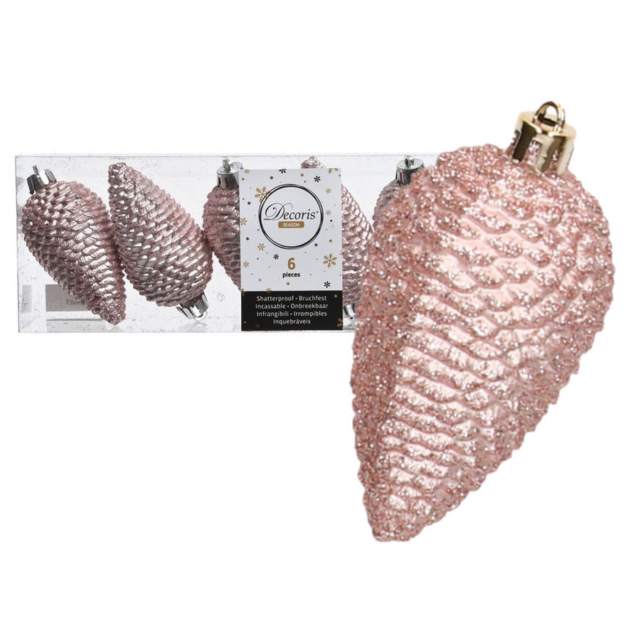 Decoris Kersthangers dennenappels - 6x - lichtroze - 8 cm