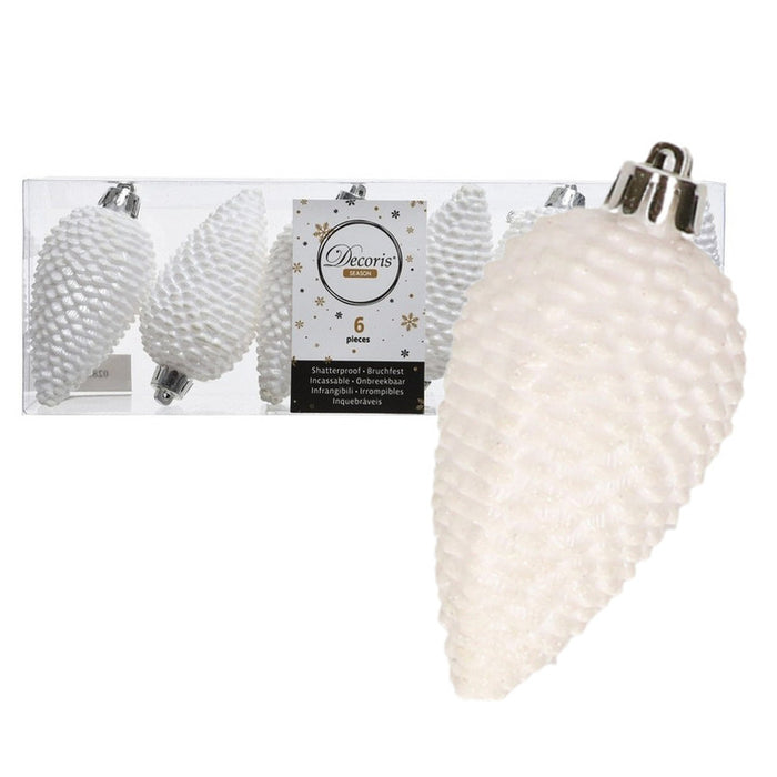 Decoris Kersthangers dennenappels - 6x - wit - glitter - 8 cm