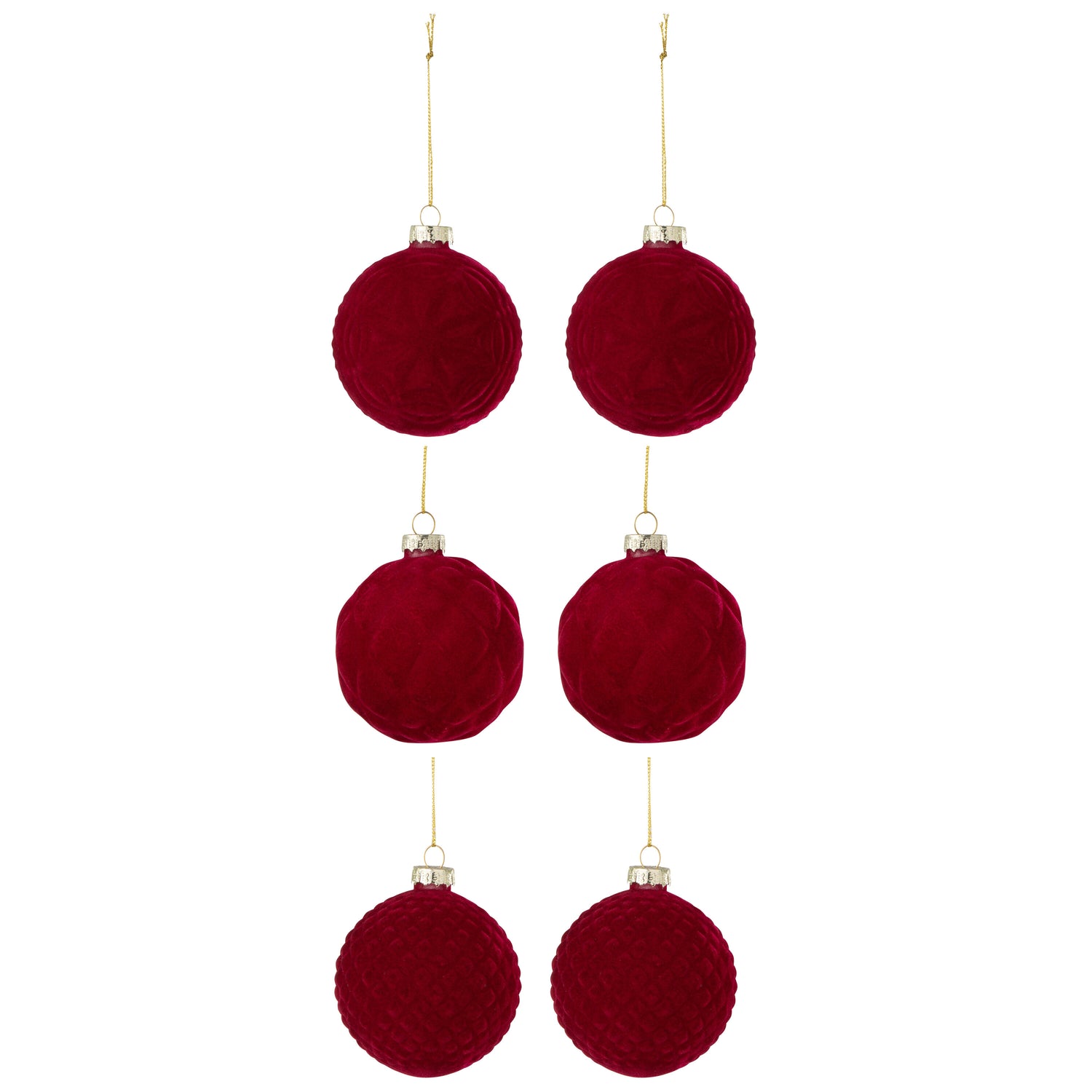 J-Line kerstbal 2+2+2 - fluweel - rood - small - doos van 6