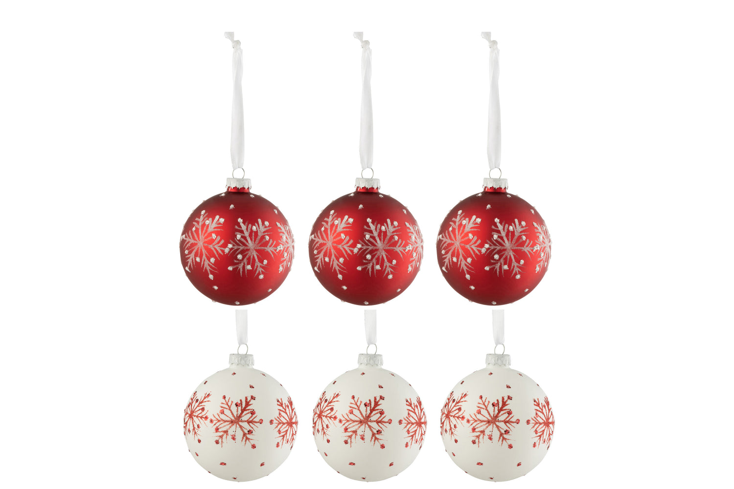 J-Line kerstbal Sneeuwvlokken Glitter - glas - wit|rood - sm