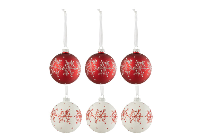J-Line kerstbal Sneeuwvlokken Glitter - glas - wit|rood - sm