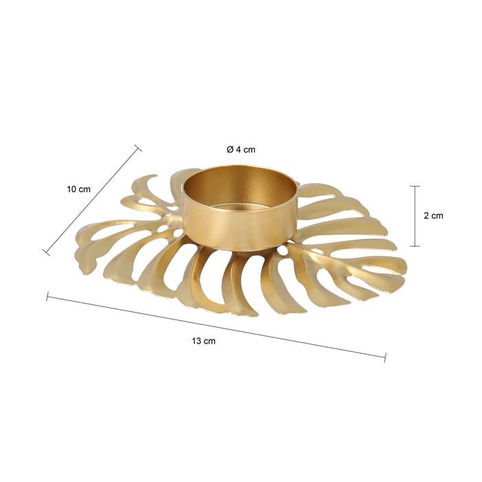 QUVIO Waxinelichthouder op een blad - 13 x 10 x 2 cm - Metaal - Goud