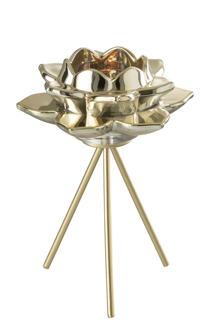 J-Line theelichthouder op voet Bloem - glas - goud - large