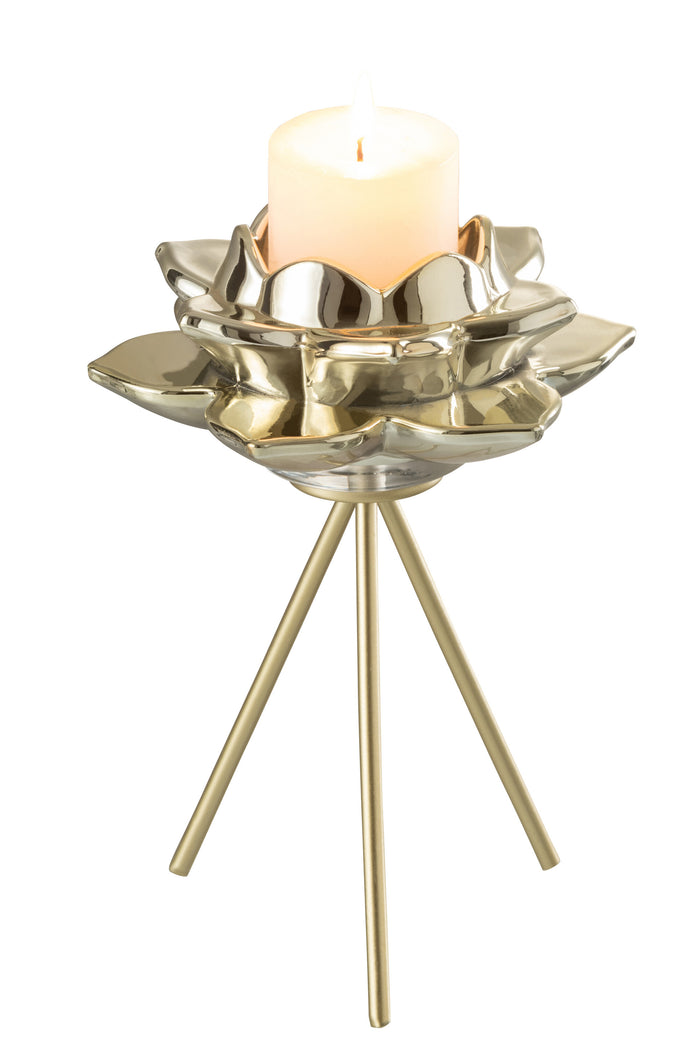 J-Line theelichthouder op voet Bloem - glas - goud - large