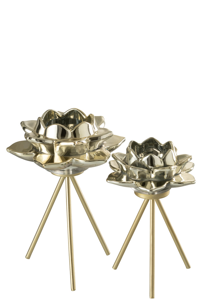 J-Line theelichthouder op voet Bloem - glas - goud - large