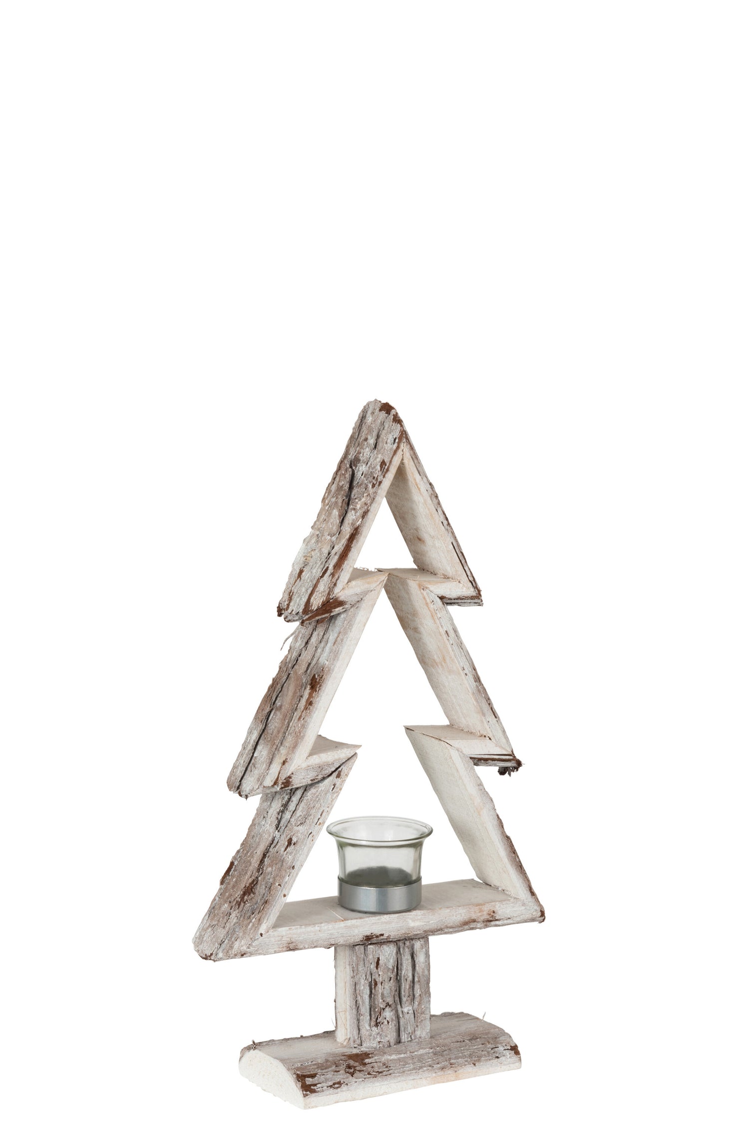 J-Line theelichthouder Kerstboom - hout - bruin|wit - small