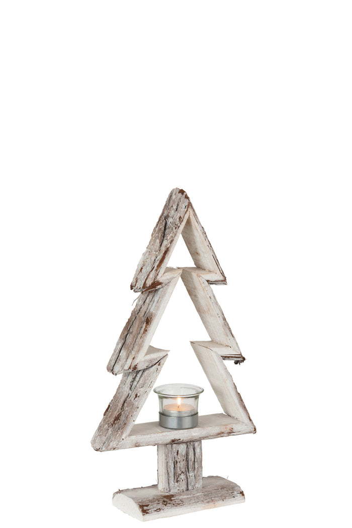 J-Line theelichthouder Kerstboom - hout - bruin|wit - small