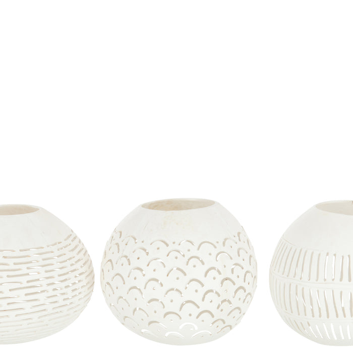 J-Line theelichthouder Kokosnoot Lijnen - jute - wit - 3 stuks