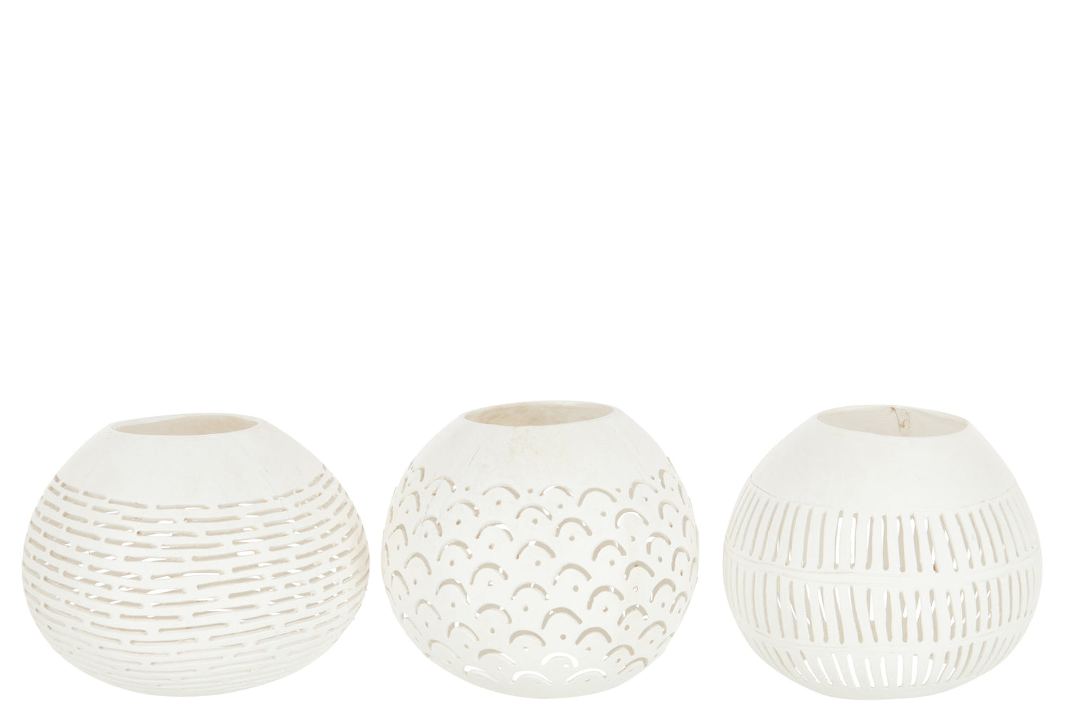 J-Line theelichthouder Kokosnoot Lijnen - jute - wit - 3 stuks