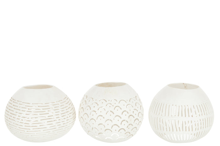 J-Line theelichthouder Kokosnoot Lijnen - jute - wit - 3 stuks