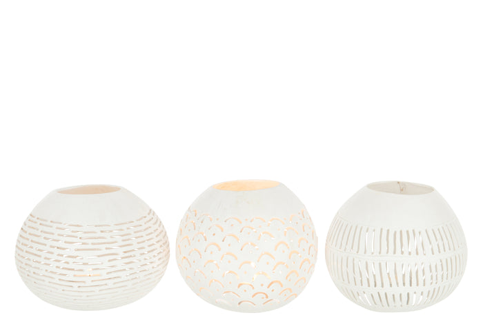 J-Line theelichthouder Kokosnoot Lijnen - jute - wit - 3 stuks