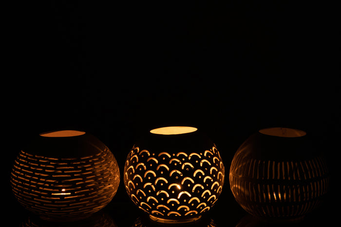 J-Line theelichthouder Kokosnoot Lijnen - jute - wit - 3 stuks