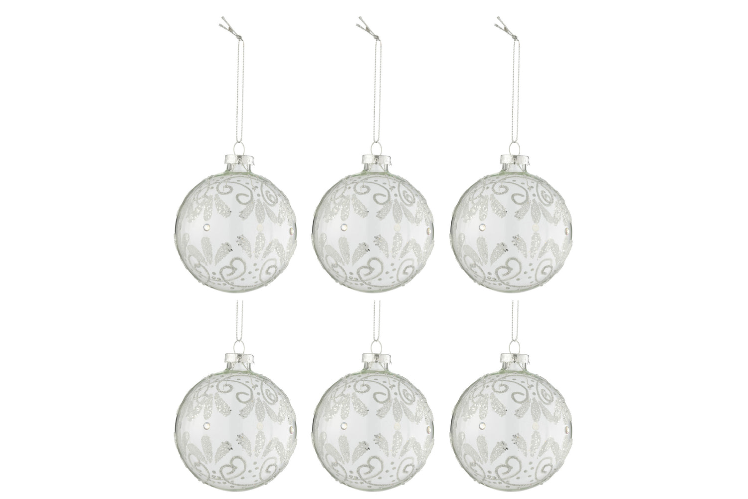 J-Line kerstbal Krullen Glitter - glas - transparant|zilver - small - doos van 6