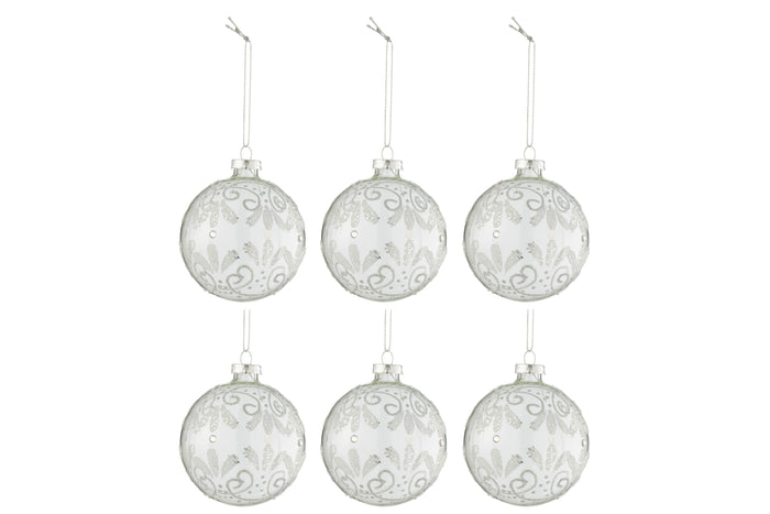 J-Line kerstbal Krullen Glitter - glas - transparant|zilver - small - doos van 6