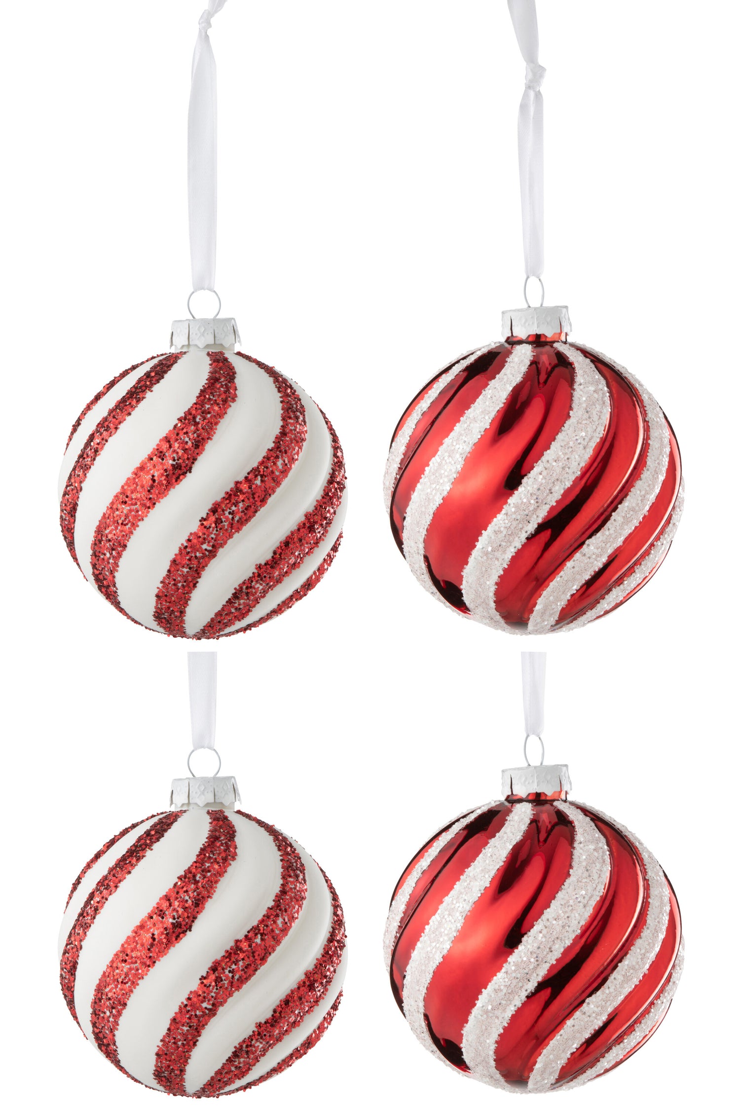 J-Line kerstbal - glas - wit|rood - large - doos van 4