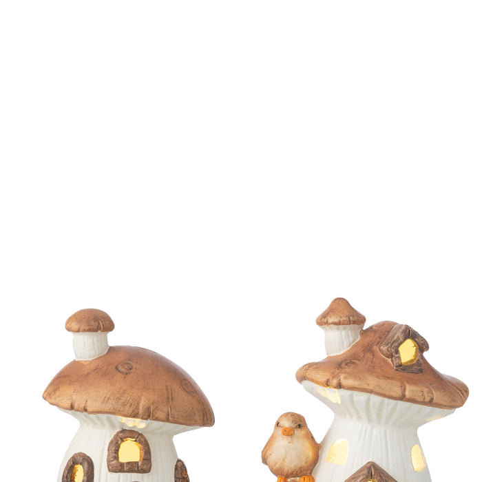 J-Line decoratie Huis Paddenstoel - porselein - mix - 2 stuks - LED lichtjes