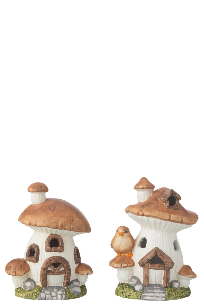 J-Line decoratie Huis Paddenstoel - porselein - mix - 2 stuks - LED lichtjes