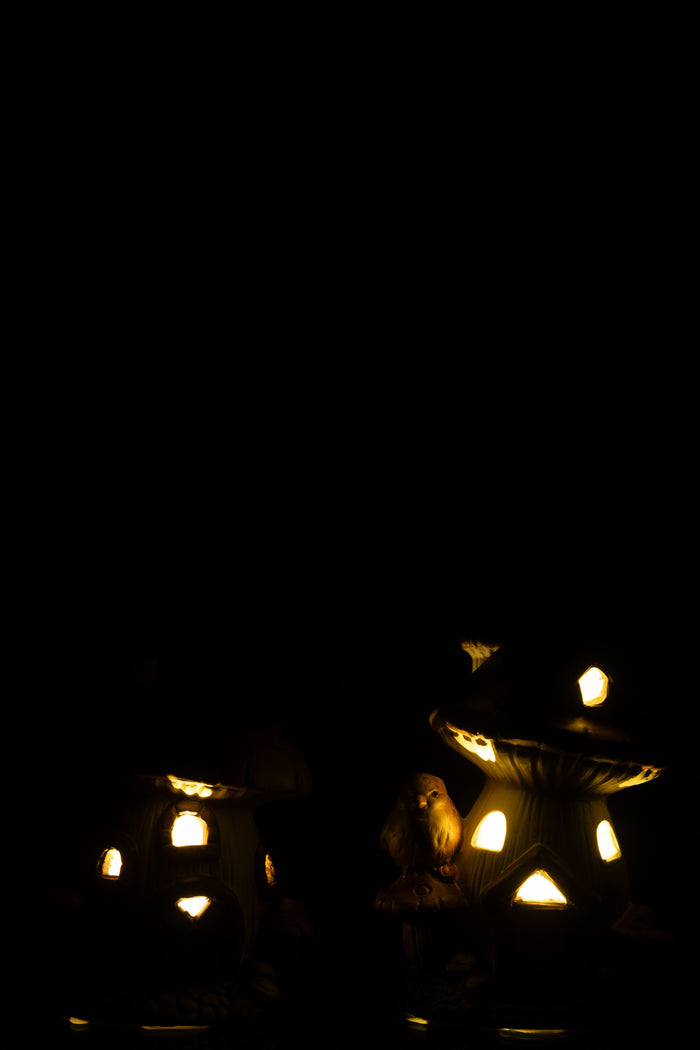 J-Line decoratie Huis Paddenstoel - porselein - mix - 2 stuks - LED lichtjes