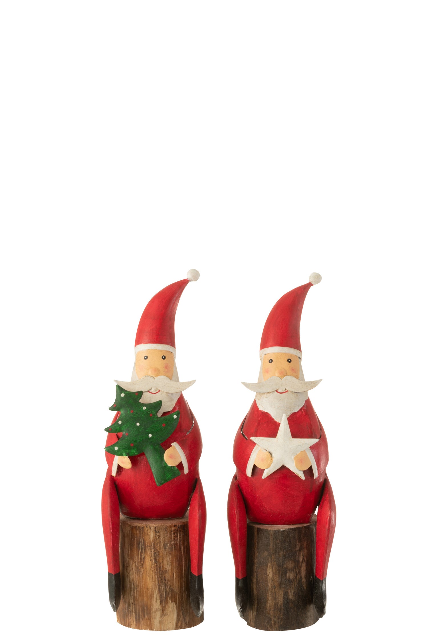 J-Line figuur Kerstman Boom Ster Op Voet - ijzer|hout - rood - 2 stuks