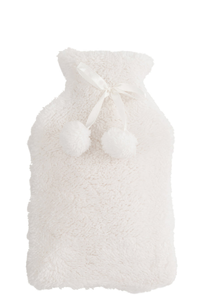 J-Line warmwaterkruik teddy + pompons - polyester - wit