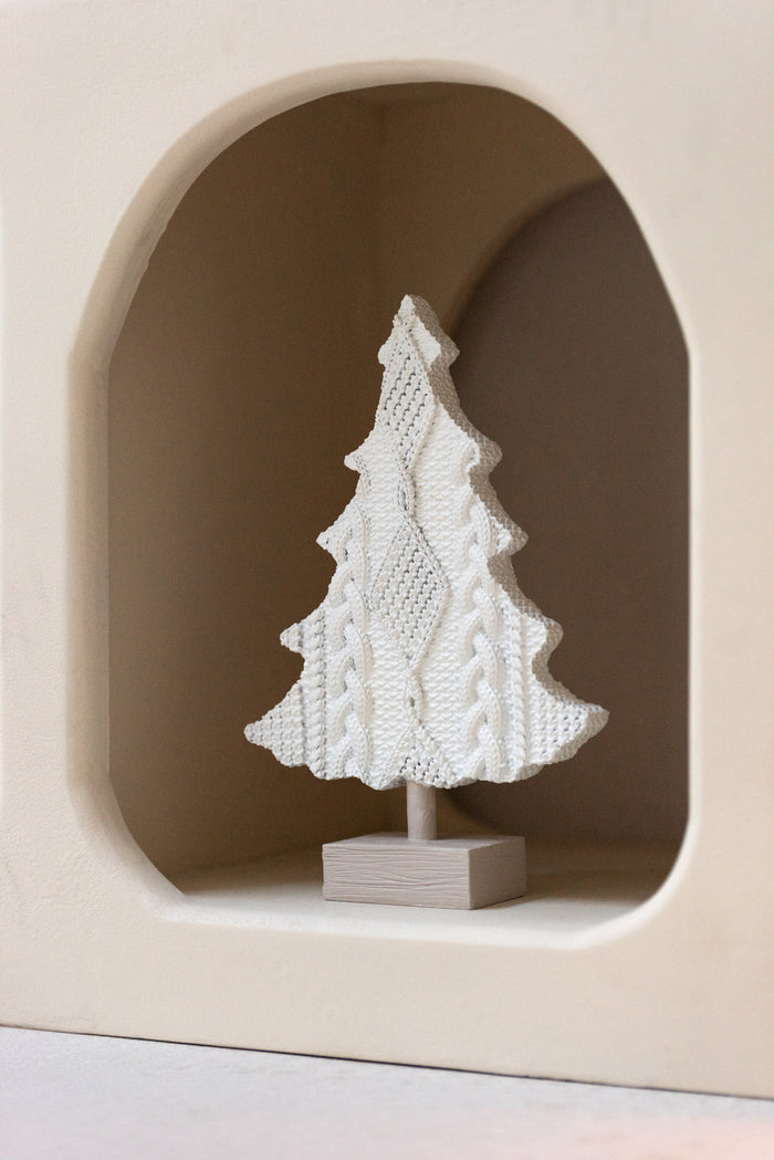 J-Line decoratie Gebreide Kerstboom - polyresin - wit|beige - 2 stuks