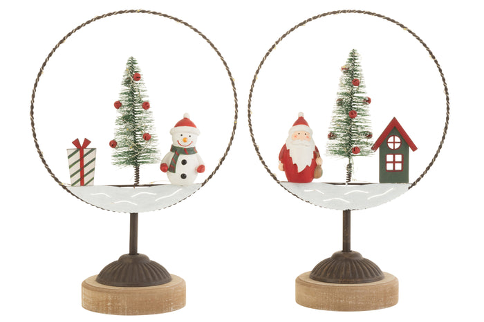 J-Line decoratie Cirkel Op Voet + Kerstman|Sneeuwman - hout|