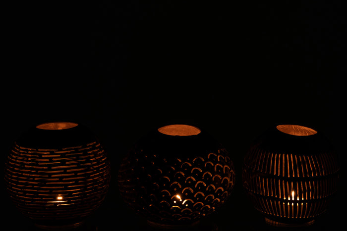 J-Line theelichthouder Kokosnoot Lijnen - jute - bruin - 3  stuks