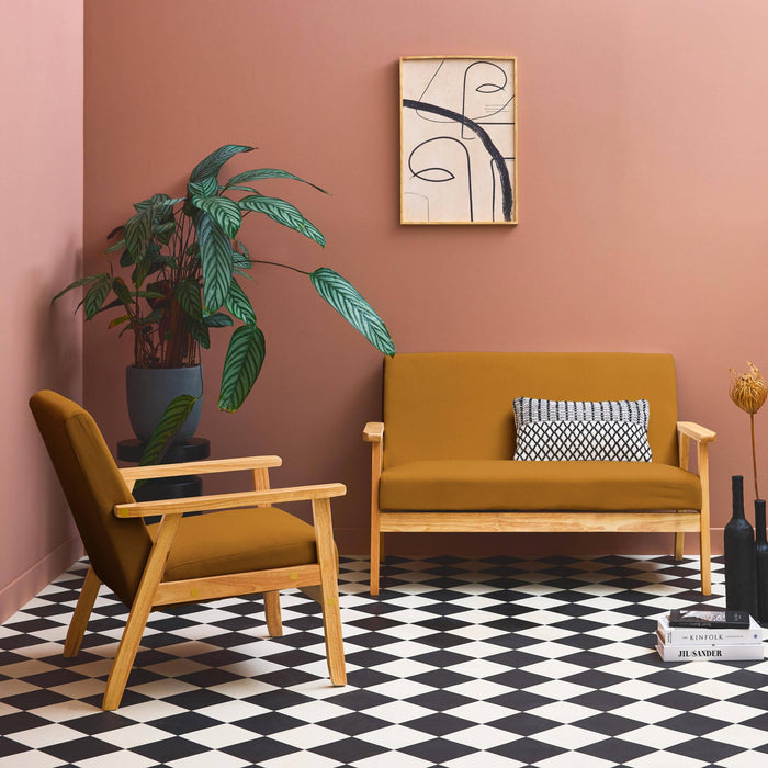 sweeek - Bank 2-zits + fauteuil, corduroy, houten poten.