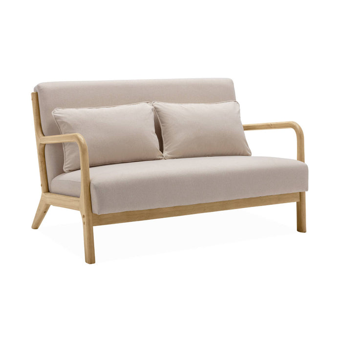 sweeek - 2-zitsbank + beige stoffen en houten fauteuil