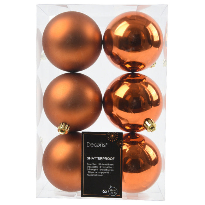 Decoris kerstballen - 6x st - 8 cm - koper|cognac bruin