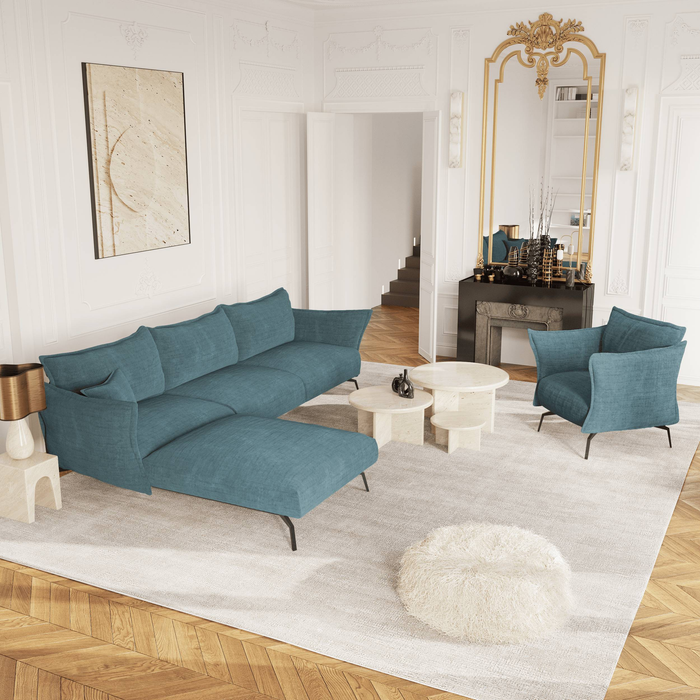 Fluwelen linkerhoekbank met oceaanblauw patroon