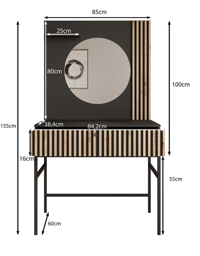 Meubella Kaptafel Marbella - Zwart - 85 cm - Met spiegel