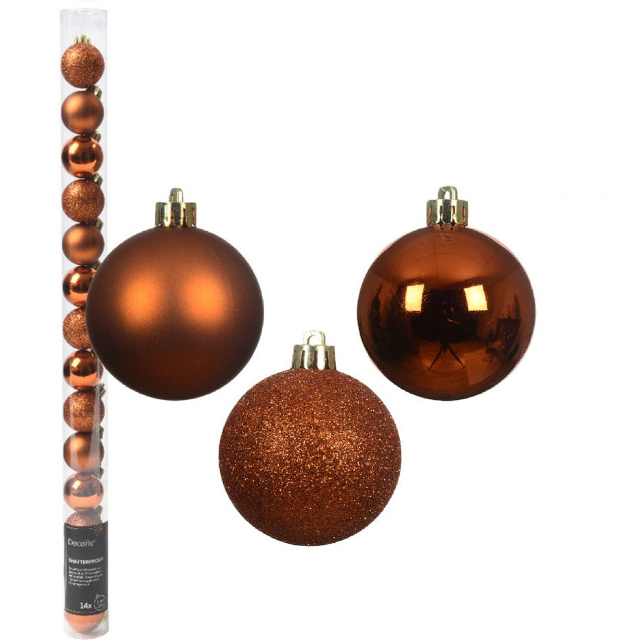 Decoris Mini kerstballen - 14x- cognac bruin - D3 cm - kunststof