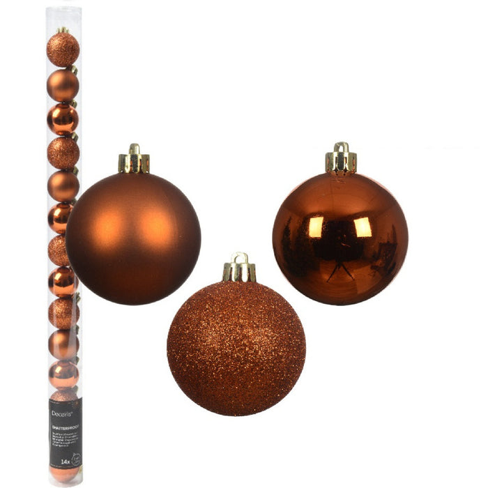 Decoris Mini kerstballen - 14x- cognac bruin - D3 cm - kunststof