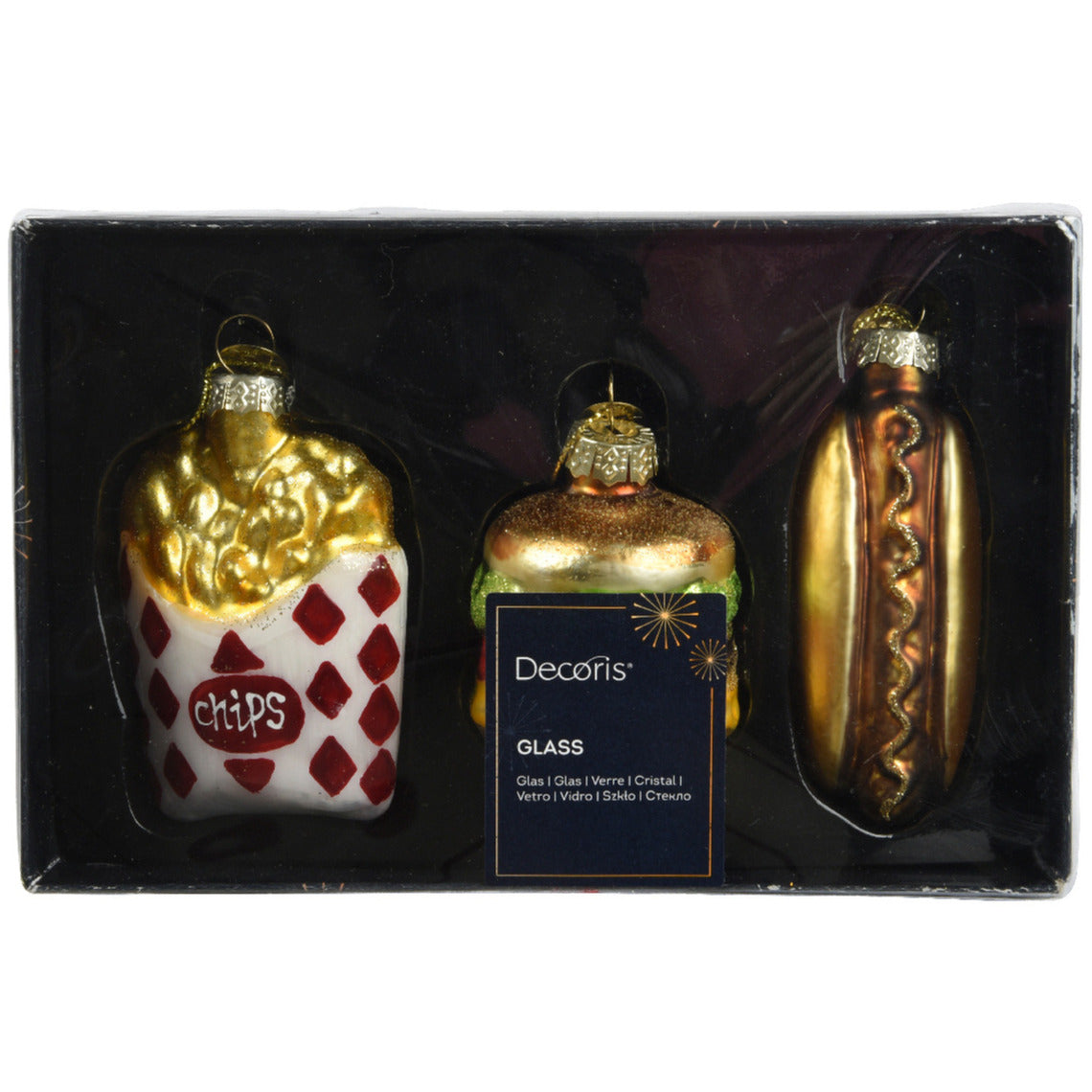 Decoris Kersthangers snacks - 3x - goud - glas - kerstornamenten