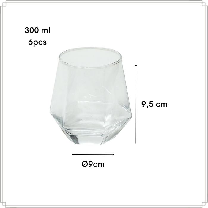 OTIX Waterglazen Set van 6 300ml Diamant vorm Transparant Glas