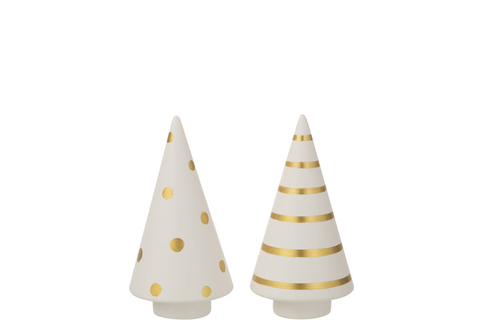 J-Line decoratie kerstboom - keramiek - wit|goud - medium - 2 stuks
