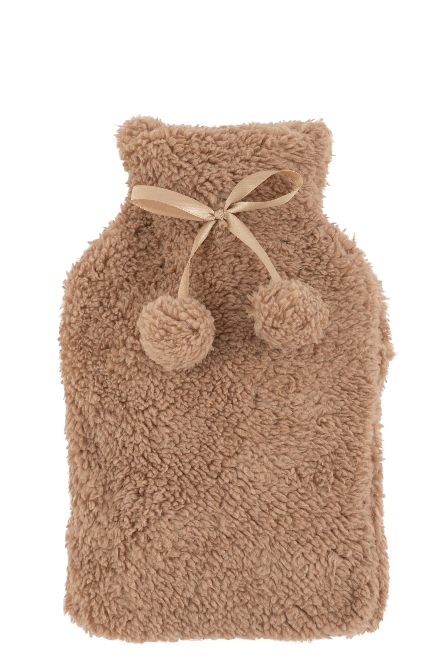 J-Line warmwaterkruik teddy + pompons - polyester - lichtbru